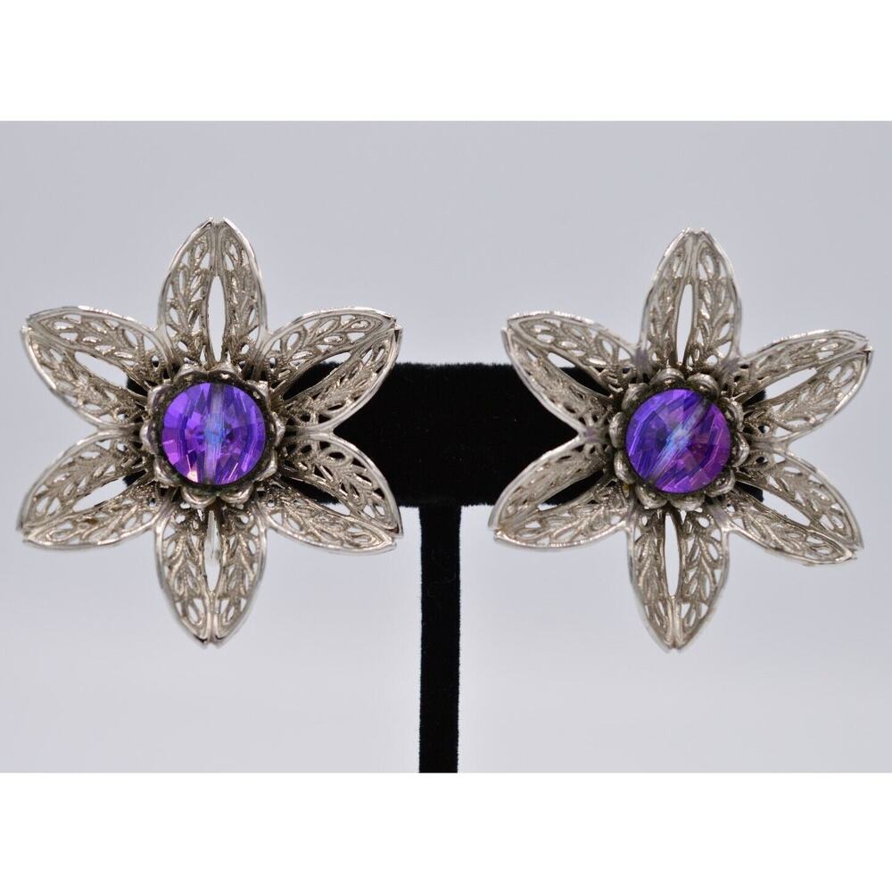 Vintage Crystal Blooming Flower Clip On Earrings Purple AB Silver Chunky BinAA